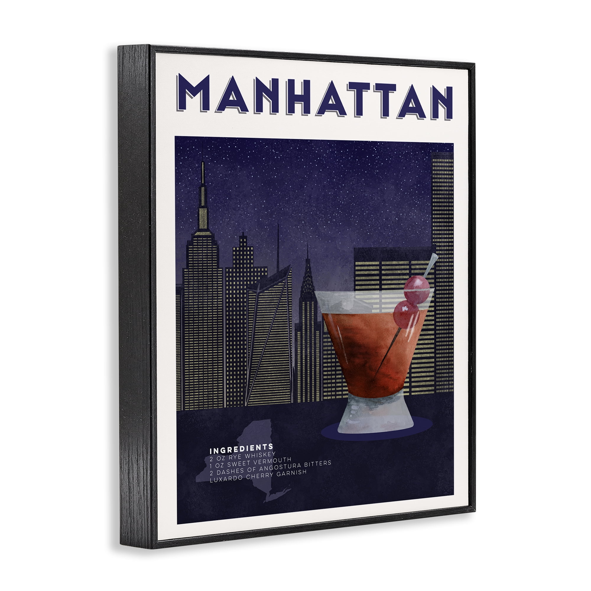 Retro Manhattan Cocktail Cityscape Black Framed Giclee Art, design by Brett Blumenthal