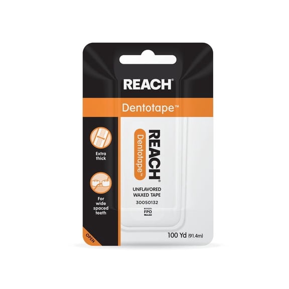 REACH Dentotape Unflavored Waxed Dental Tape, Extra Thick for Wide Spaced Teeth, 100 yd
