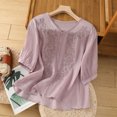 thumbnail image 2 of dgysar Womens Round Neck Shirts Short Sleeve Embroidered Pullover Tops Detailed Needlework Embroidery Design Lightweight Breathable Fabric Solid Color Short Sleeve Spring Summer Apparel Purple L, 2 of 4