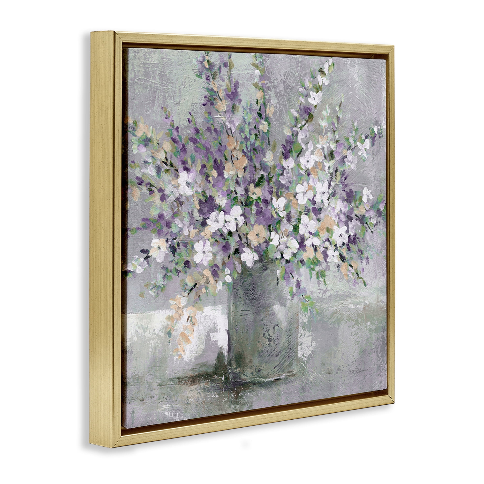 Stupell Industries Blossoming Aster Flower Bouquet Botanical & Floral Painting Gold Floater Framed Canvas Art Print Wall Art, 18 x 18