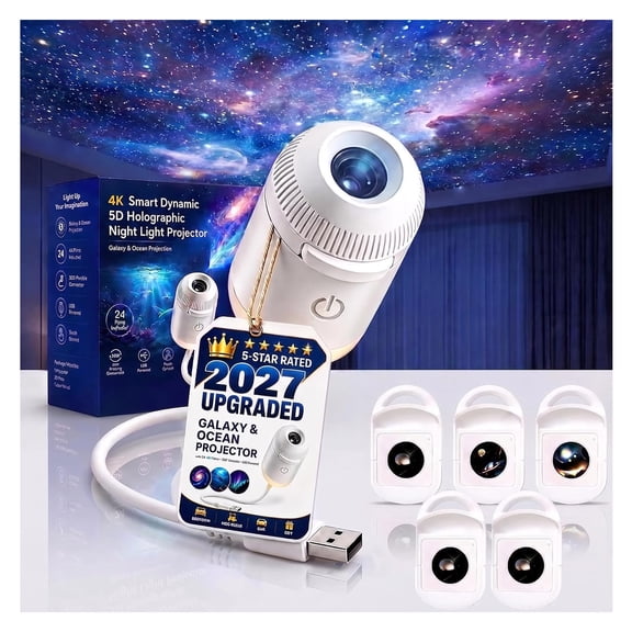 Hotyverty Night Light Projector, 2026 New Hd Smart Dynamic 5d Holographic Projector Plug and Play Hd Star Projector, 360° Adjustable Galaxy and Ocean Projectors for Ceiling (5 Projection Films)
