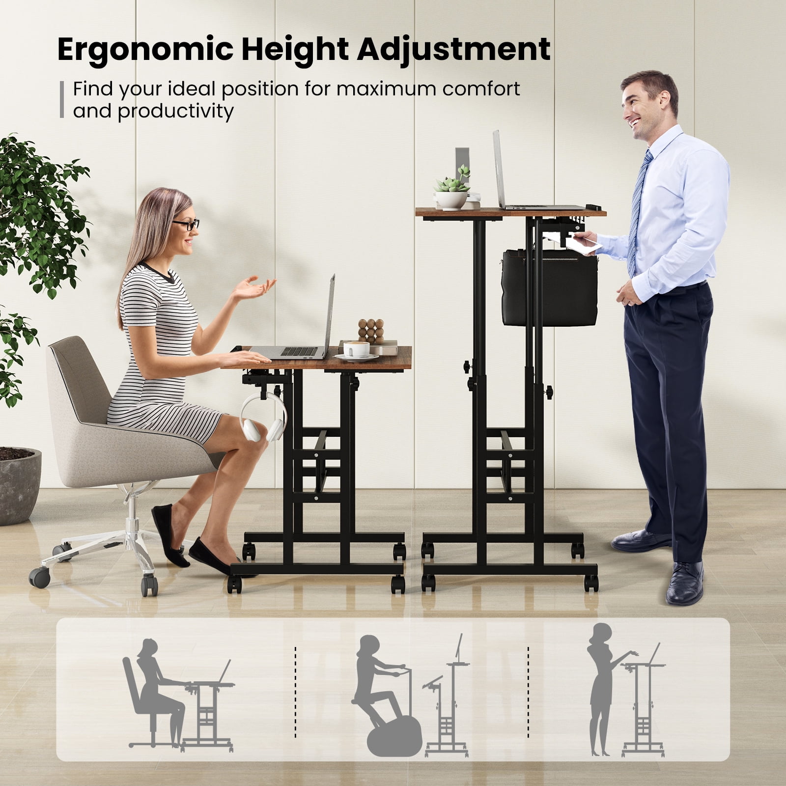Giantex Mobile Standing Desk, Height Adjustable Sit to Stand Desk, Portable Laptop Desk, 2-Tier Computer Workstation for Home Office, Brown