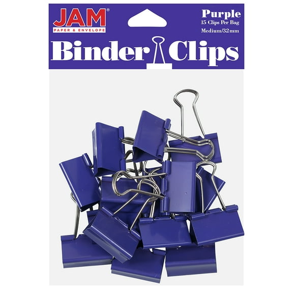 JAM Paper Purple Binder Clips, Medium, 1 1/4 in, 15/Pack