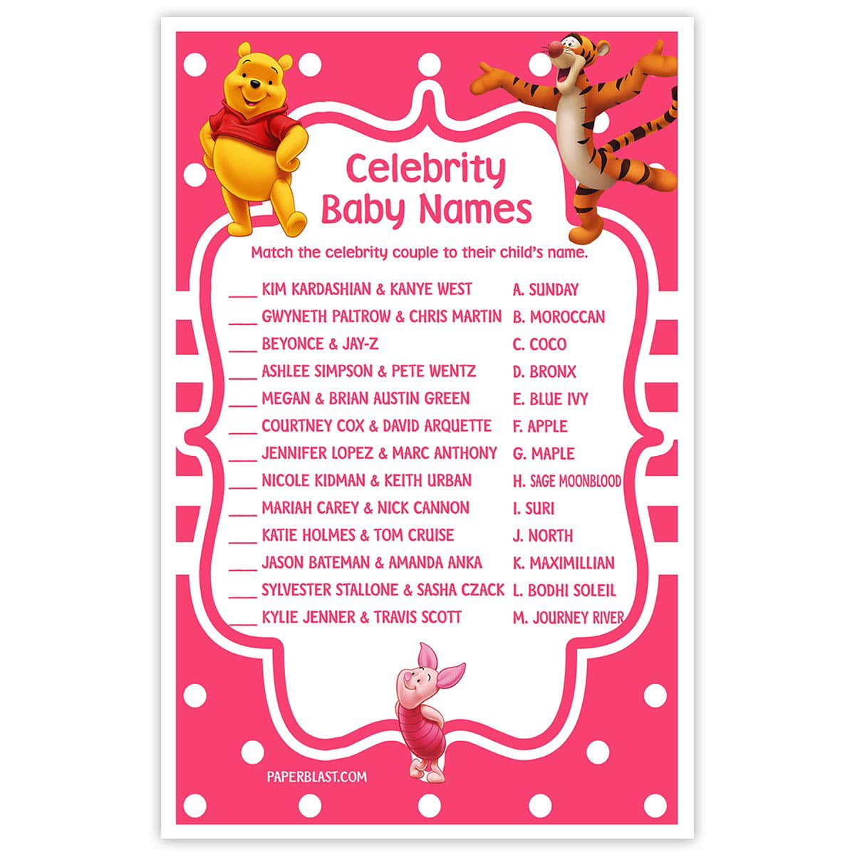 Winnie the Pooh Baby Shower Game Celebrity Baby Names