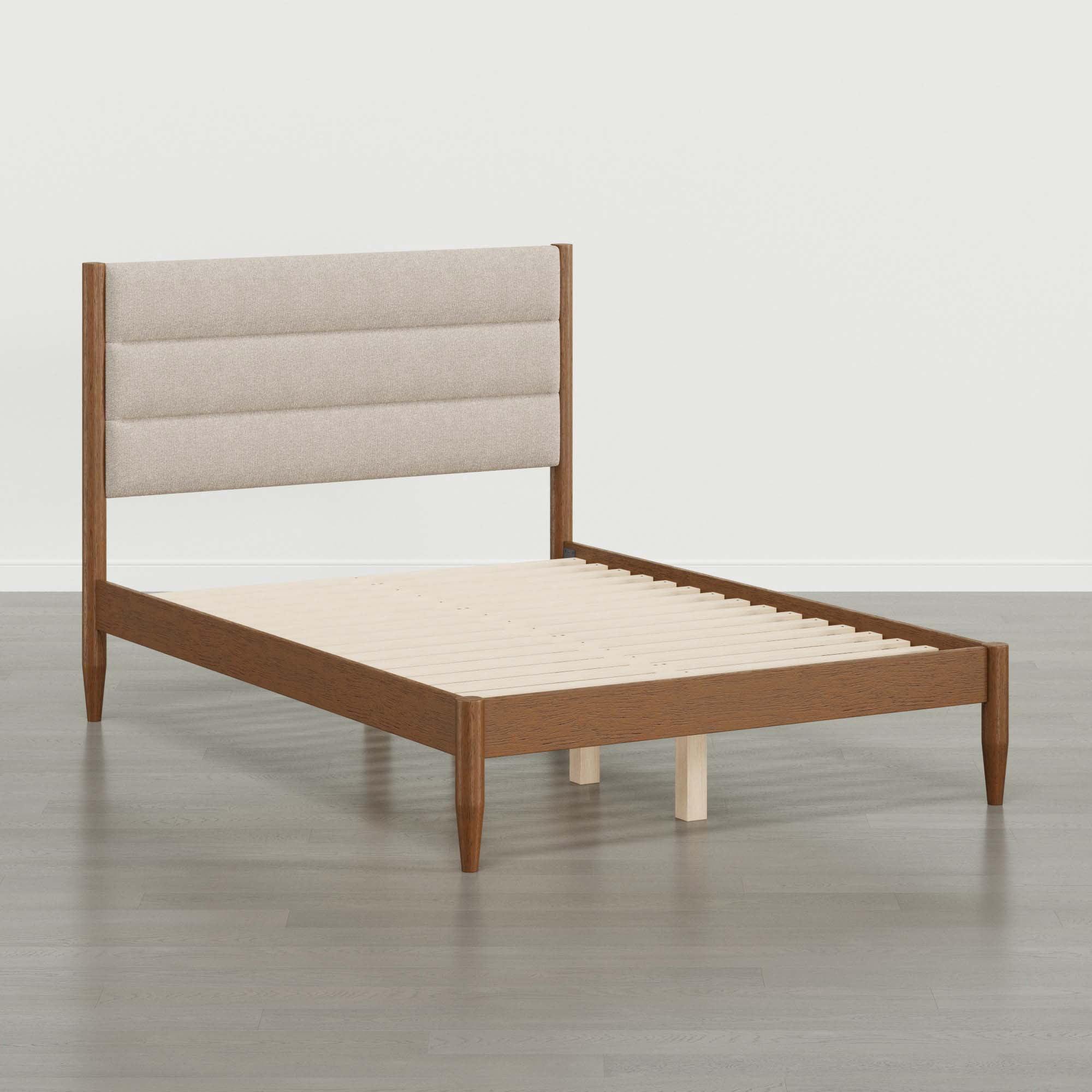 Spruce & Spring Farmhouse Full Upholstered Bed Frame, Solid Rubberwood Frame, Oatmeal Boucle Headboard, Noise-Free, No Box Spring Required, Walnut & Oat