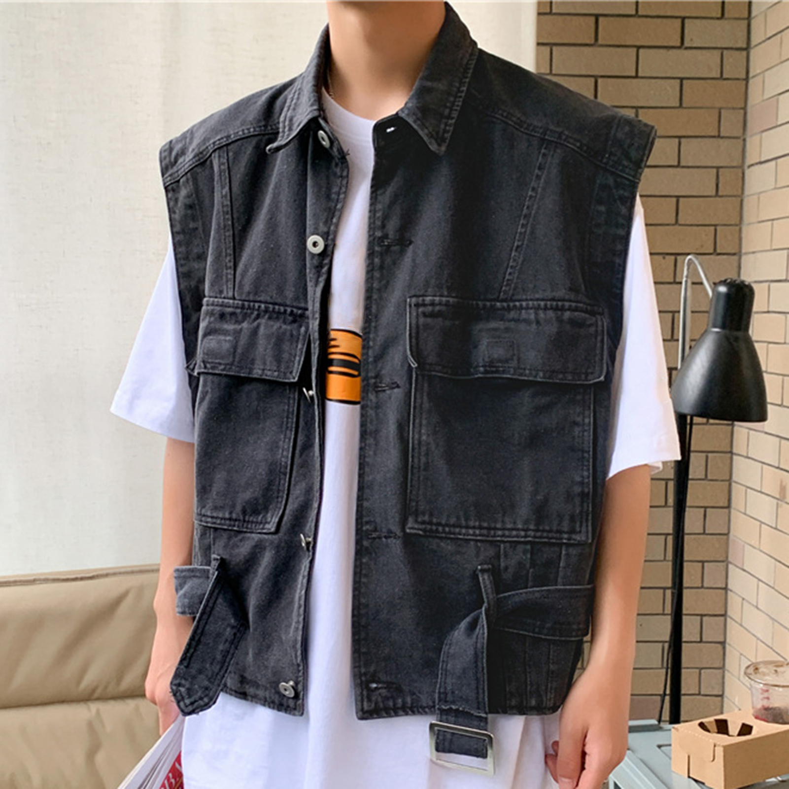 トップス cutrate LEATHER COMBINATION DENIM VEST Blue Denim