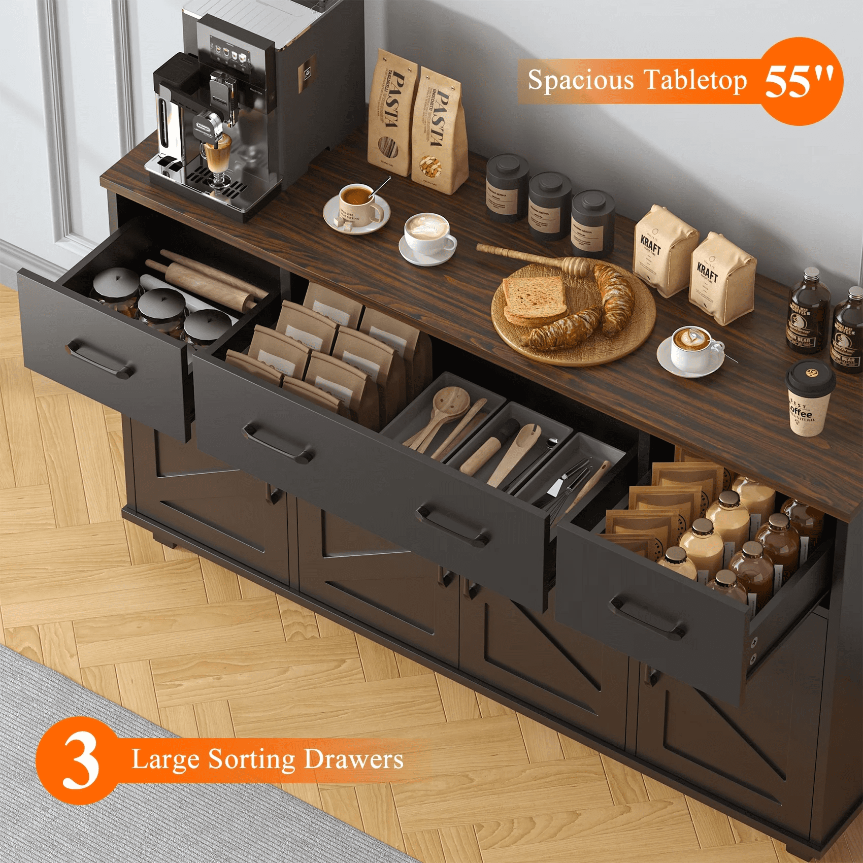 HAUXITIO Farmhouse Buffet Cabinet with 4 Barn Doors and 3 Drawers,Coffee Bar Sideboard for Kitchen & Dining Room,Black+Brown