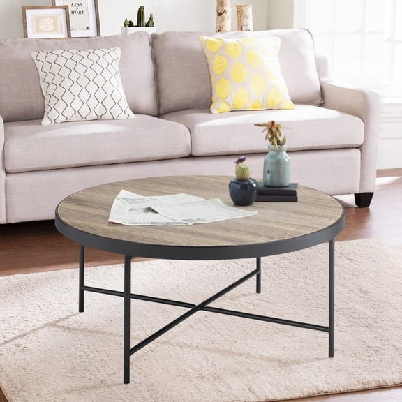 Industrial Round Wooden Top Coffee Table with Metal Trim in Weathered Grey Oak and Black (32.5" x 32.5" x 16.5")