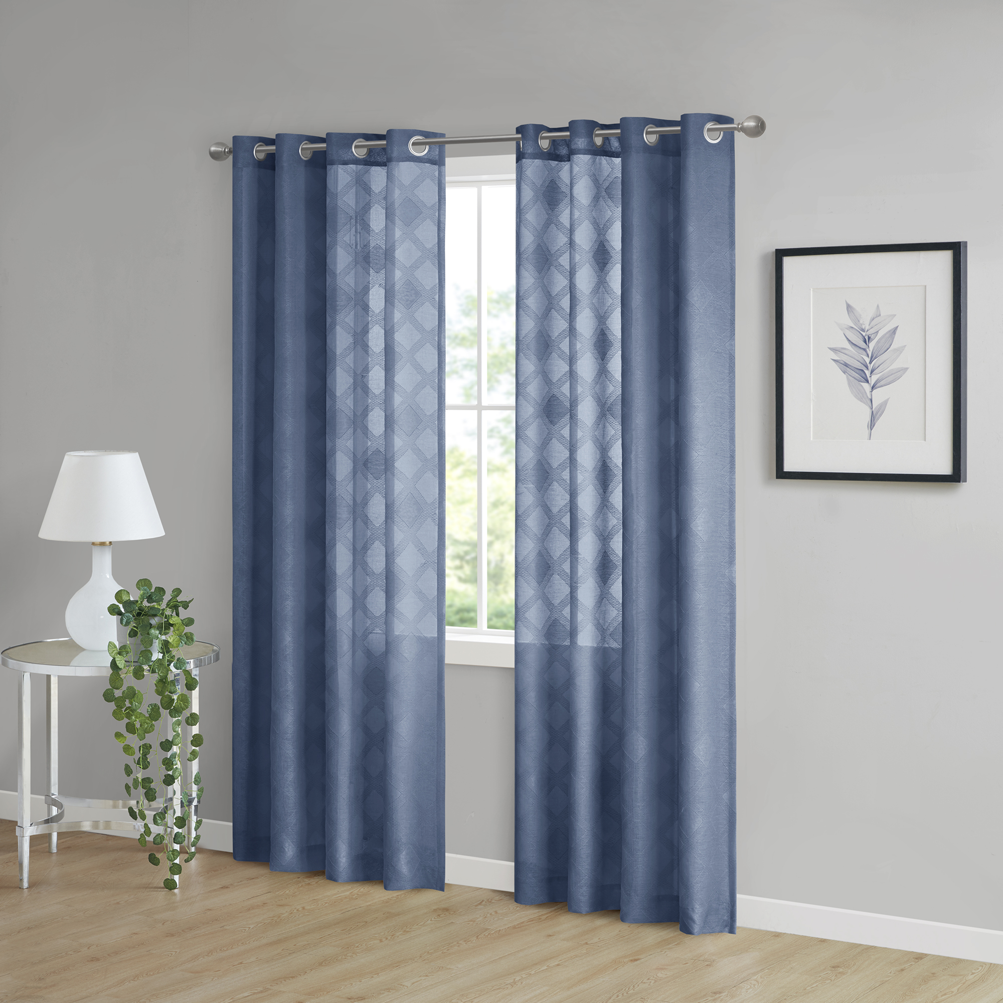 Home Essence Prism Geometric Jacquard Sheer Window Panel Single, Indigo, 54” x 96”