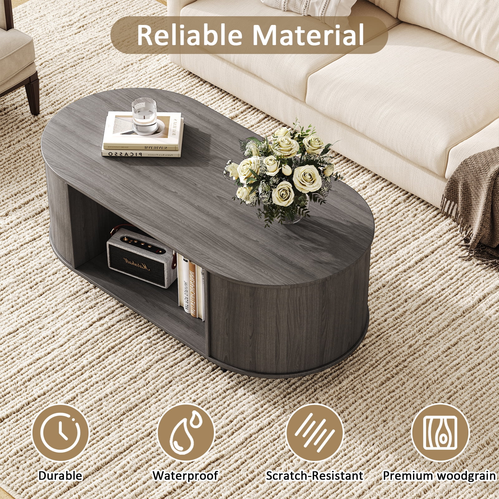41.3" Oval Coffee Table with Lower Storage Shelf, Modern Accent Table for Living Room & Bedroom