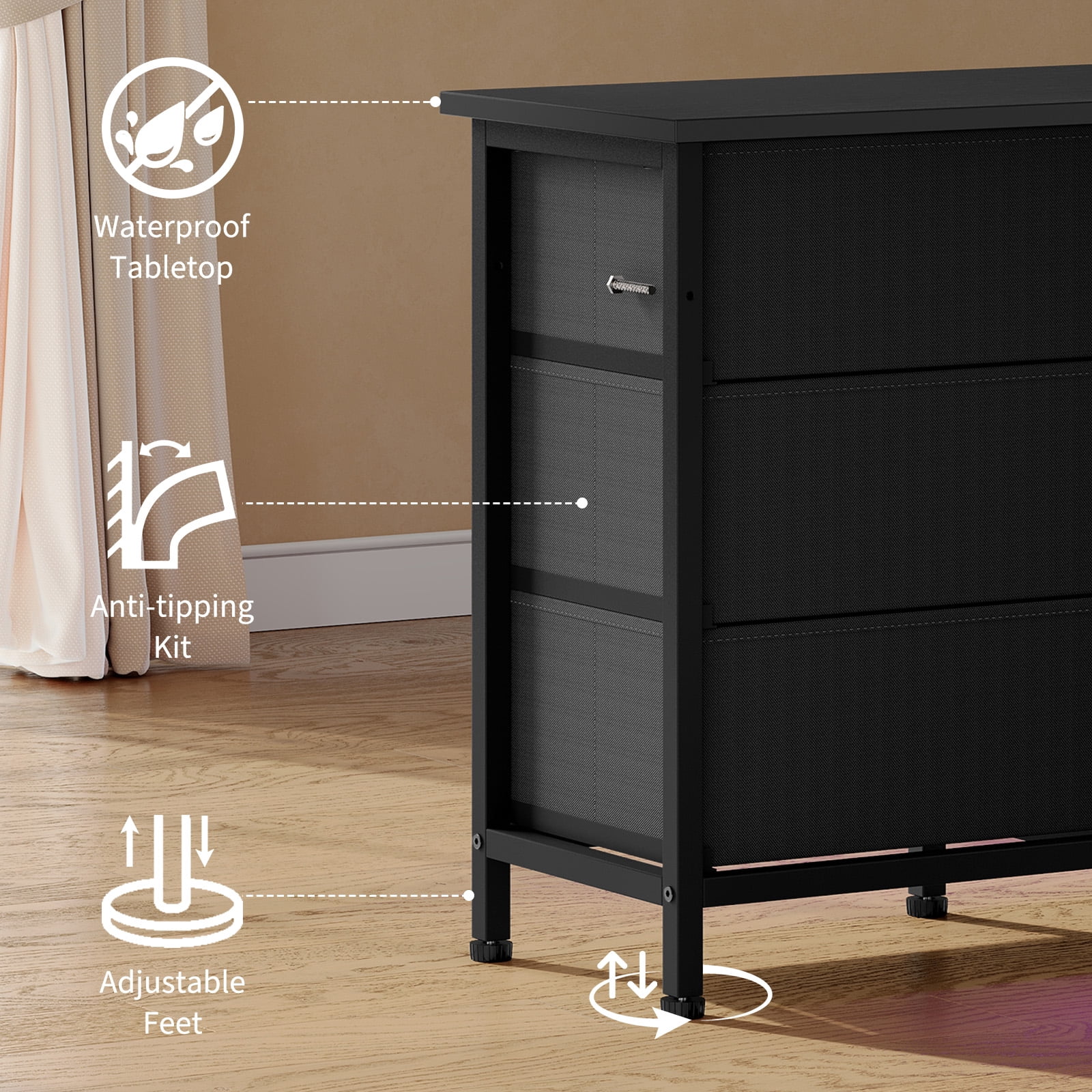 Kicctian 63" Wide Black Dresser with 10 Fabric Drawers Dresser with LED Lights and Power Outlet – Dresser for Bedroom & TV Stand for Living Room,Black