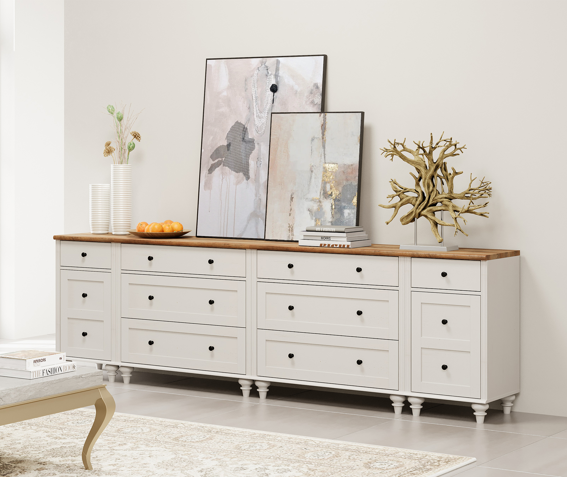 WAMPAT Farmhouse TV Stand for 100 Inch TV, 3-in-1 TV Console Table with Drawers and Ample Storages, Entertainment Center with Charging Station for Living Room, White