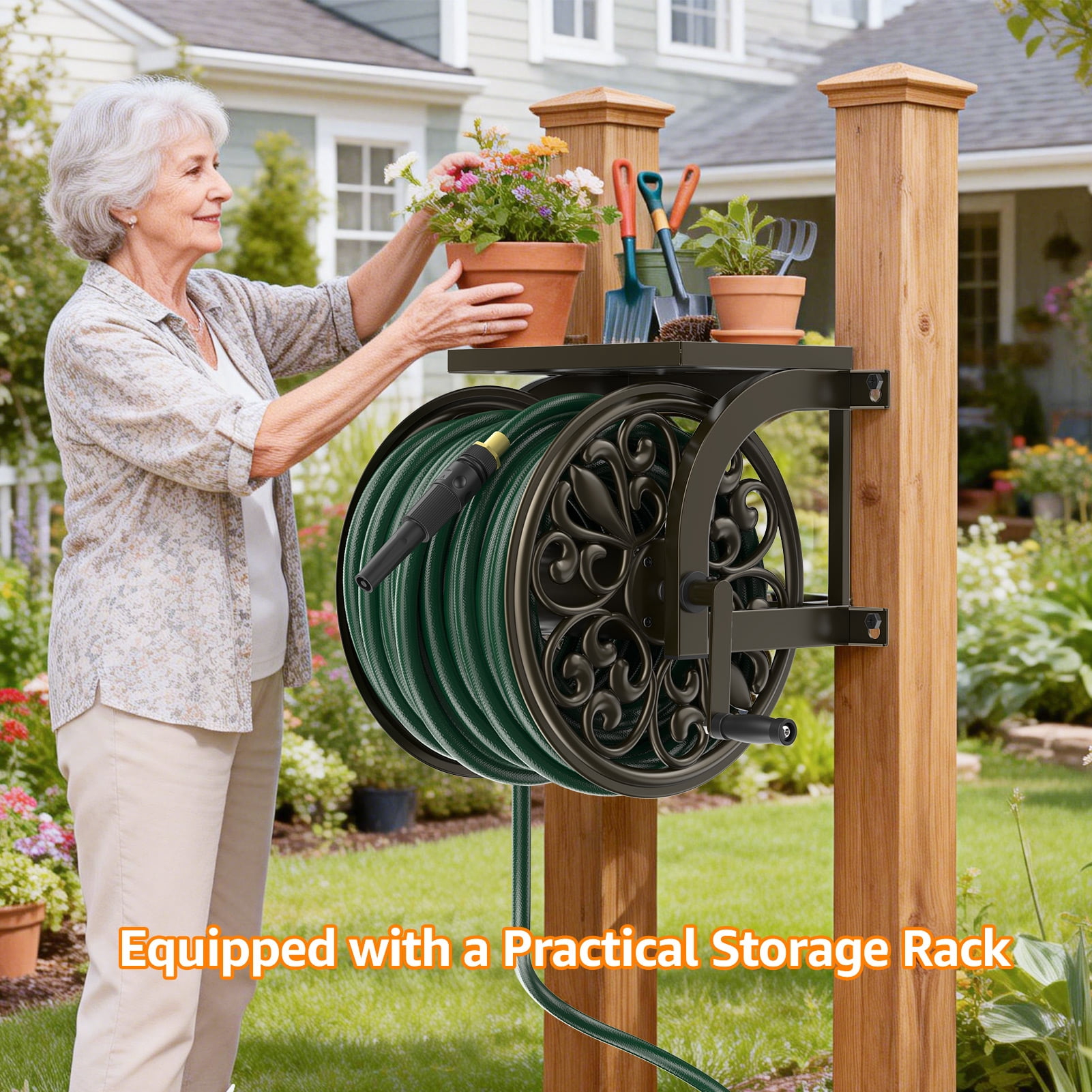 Outlandpro Metal Decorative Garden Hose Reel, Heavy Duty Hose Holder for Outside, Wall Mount, Holds 200 ft x 5/8" Hose Storage