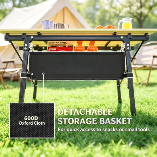 Compact Folding Camp Table, Portable Outdoor Dining Table with Storage Basket, Adjustable Height 17.7"-26", Lightweight Aluminum Frame, Brown