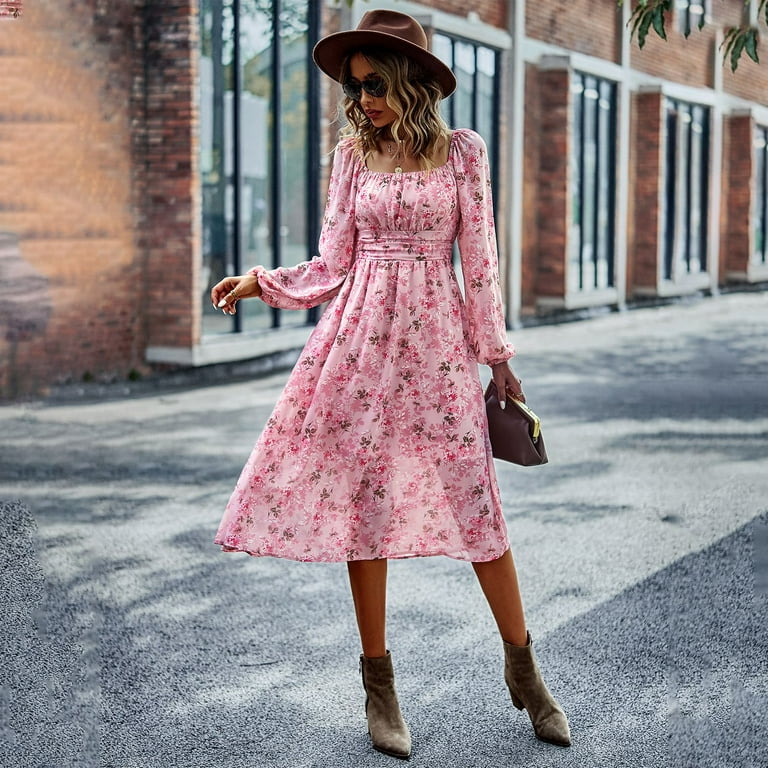 SWSMCLT Women's Summer Dress Holiday Long Sleeve Dresses Midi Ruched  Birthday Fall Chiffon Fitted Sundress Pink Small - Walmart.com