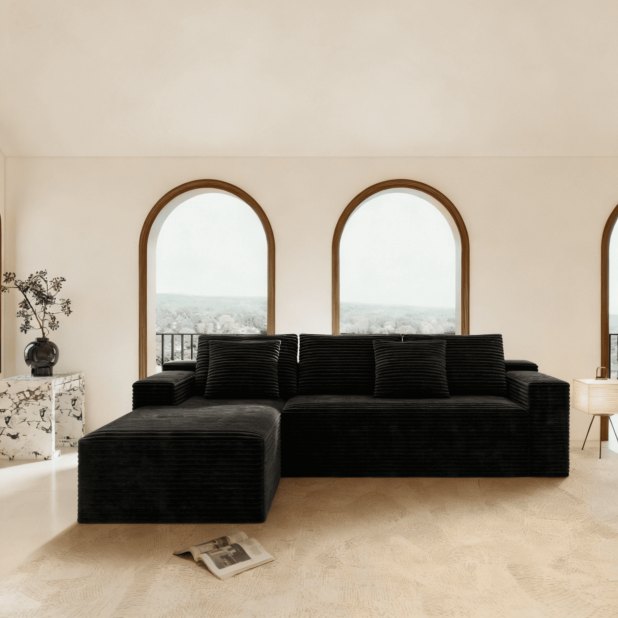 104" Modular Sectional Sofa,Oversized L-Shape Cloud Couch,Modern Corduroy Sleeper Couches Boneless Couches for Living Room,Bedroom,Apartmen,No Assembly Required,Black-Left Chaise
