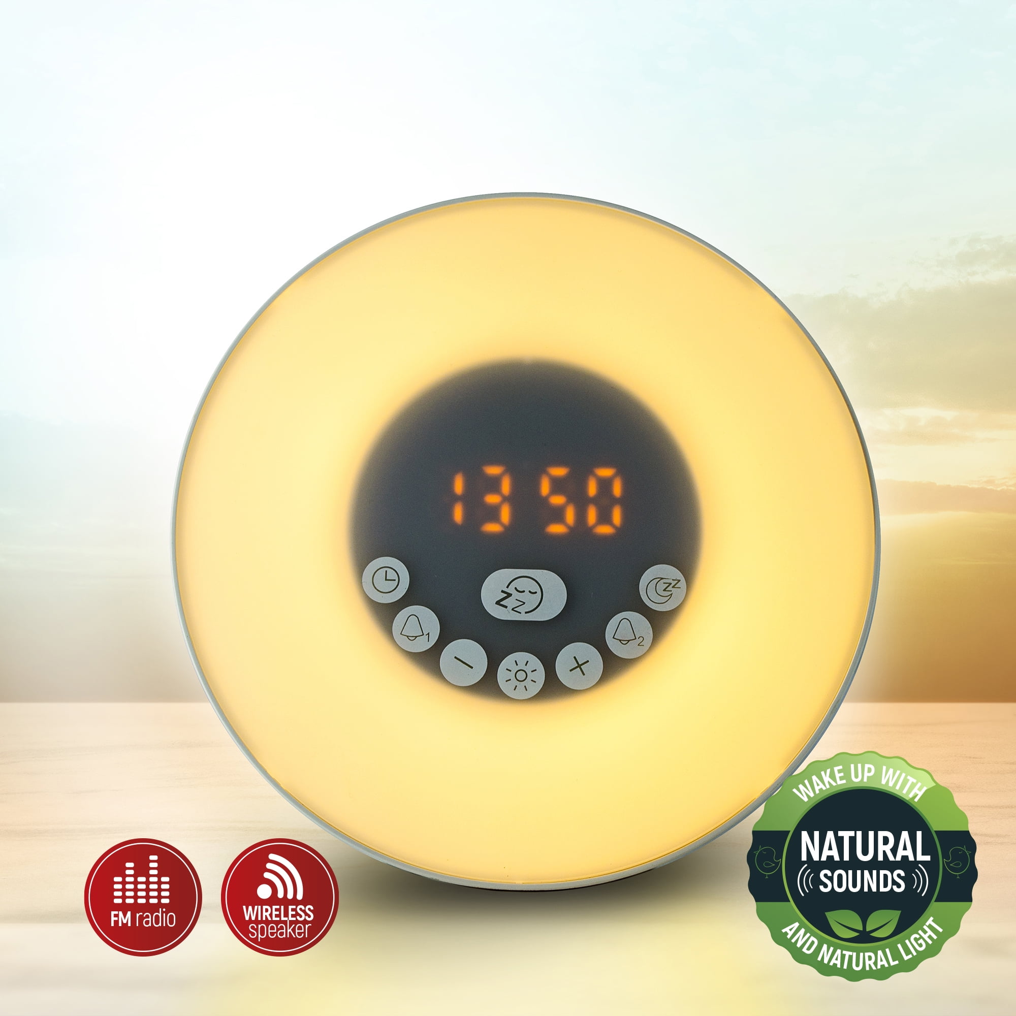 Eternal Home Collection Sunrise to Sunset Alarm Clock with Nature Sounds and Wireless Speaker, White