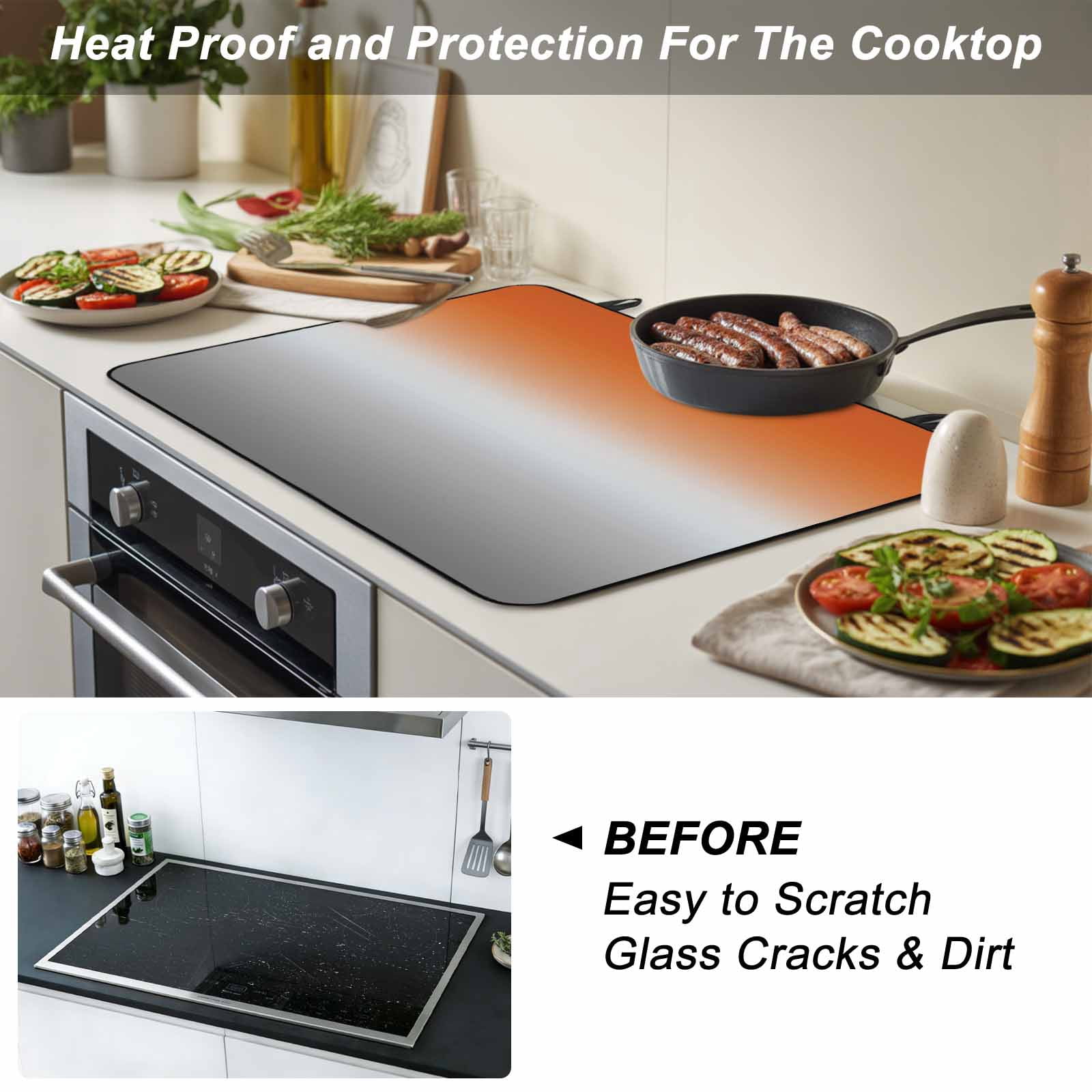 Burnt Orange Gray Ombre Stove Top Cover for Electric Stove, Heat-proof & Non Slip Glass Top Stove Cover Protector, Modern Gradient Abstract Art Kitchen Flat Cooktop Rubber Mat 24x21 Inches
