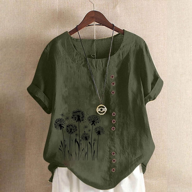 TaTaai Women's Everyday Casual Blouse, Linen Feel Round Neck T-Shirt, Short Sleeve Comfortable Top for All Occasions Gift