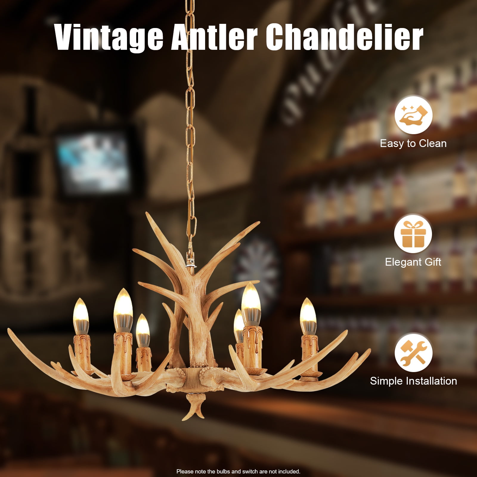 Rustic Antler Chandelier Lighting ,6 Light Retro Deer Antler Chandelier ,E12 Base Deer Horn Ceiling Pendant Light Fixtures for Home Living Room Hotel Store,Packed it with Full Foam