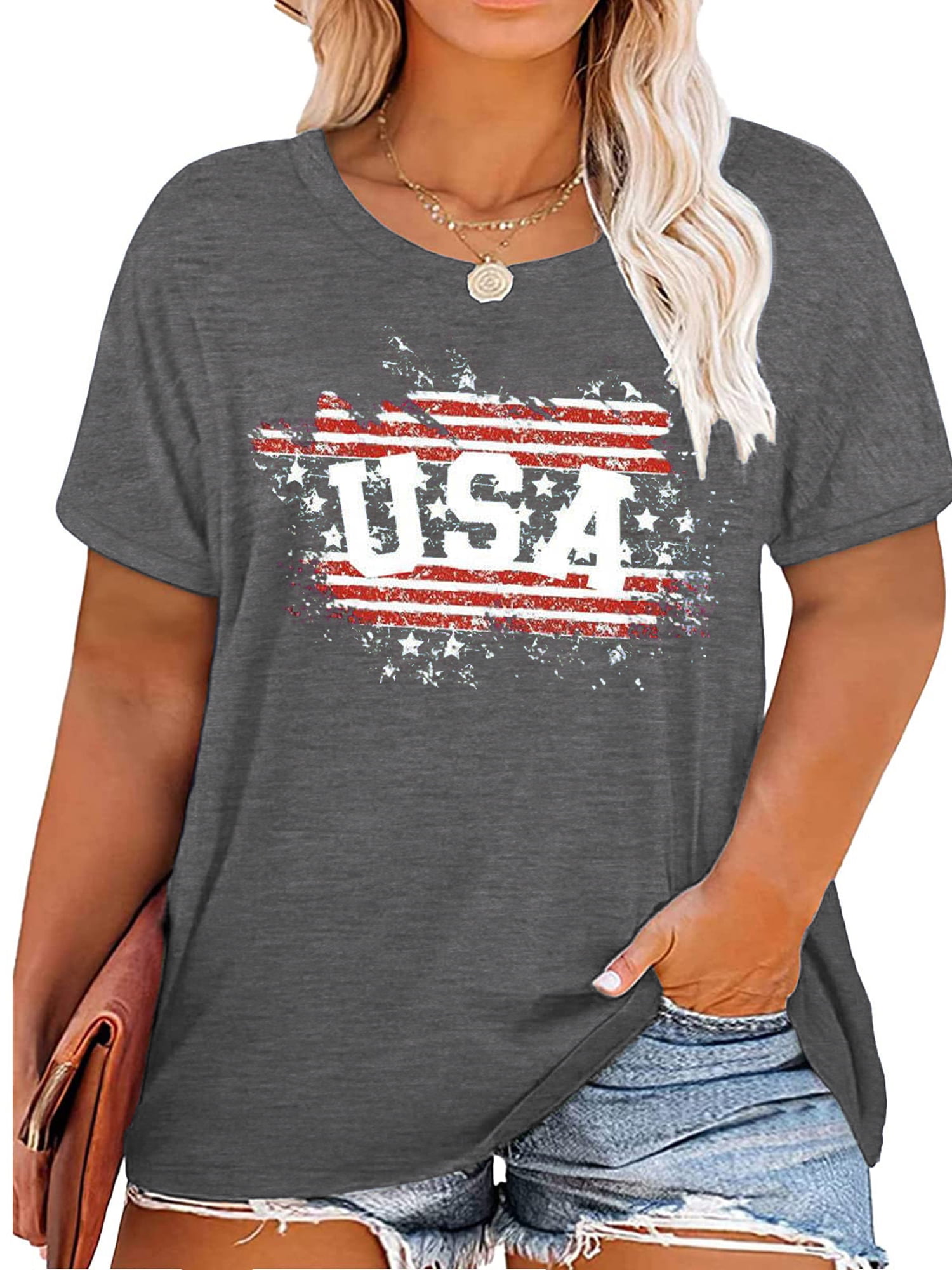 Anbech 4th of July Womens Plus Size Shirt USA American Flag Tshirt ...