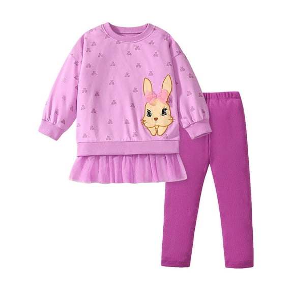 WIBACKER 2-7T Kid Toddler Girl Cotton Pullover Sweatshirt Tulle Tops and Ribbed Leggings 2Pcs Outfits Set - Rabbit