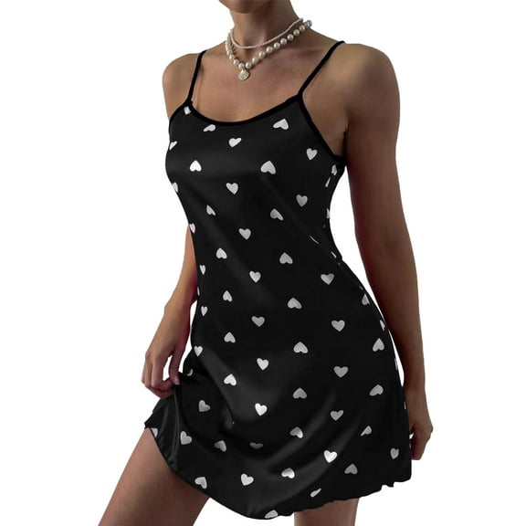 Garhelper Heart Print Nightgown Chemise suspender skirt Sleepwear Short Nightgown Summer Sexy Satin Sleeveless
