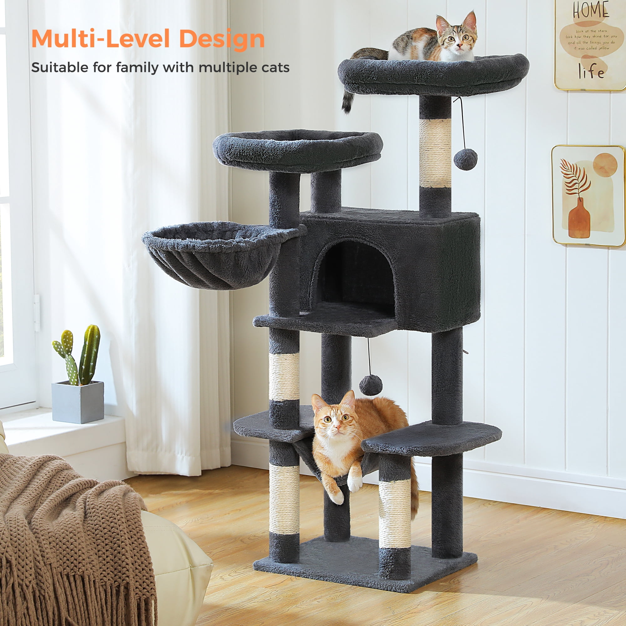 PAWZ Road 46.5" Large Cat Tree Multi-Level Cat Tower with Top Perchs&Big Condo Indoor Dark Gray