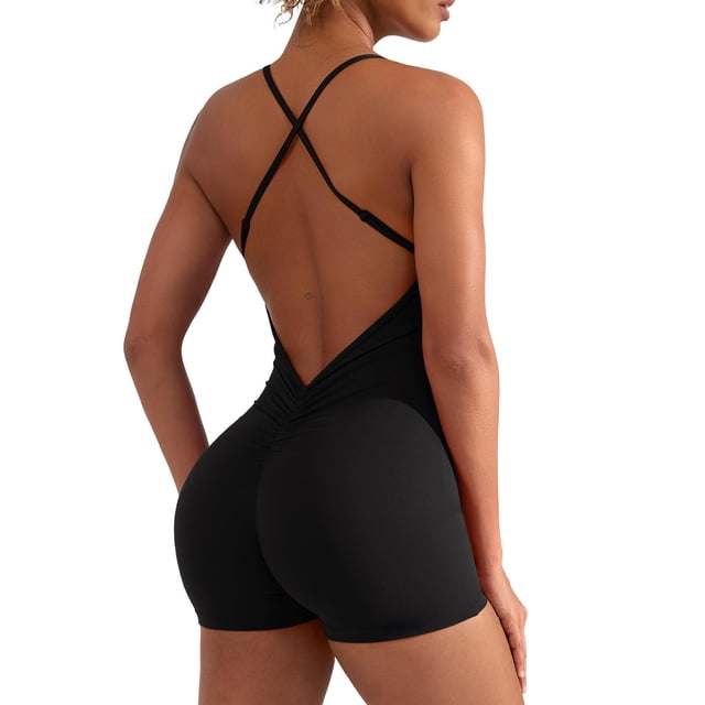 Women Backless Tummy Control Jumpsuits High Waist Workout Jumpsuits Sleeveless V Back Scrunch Yoga Rompers