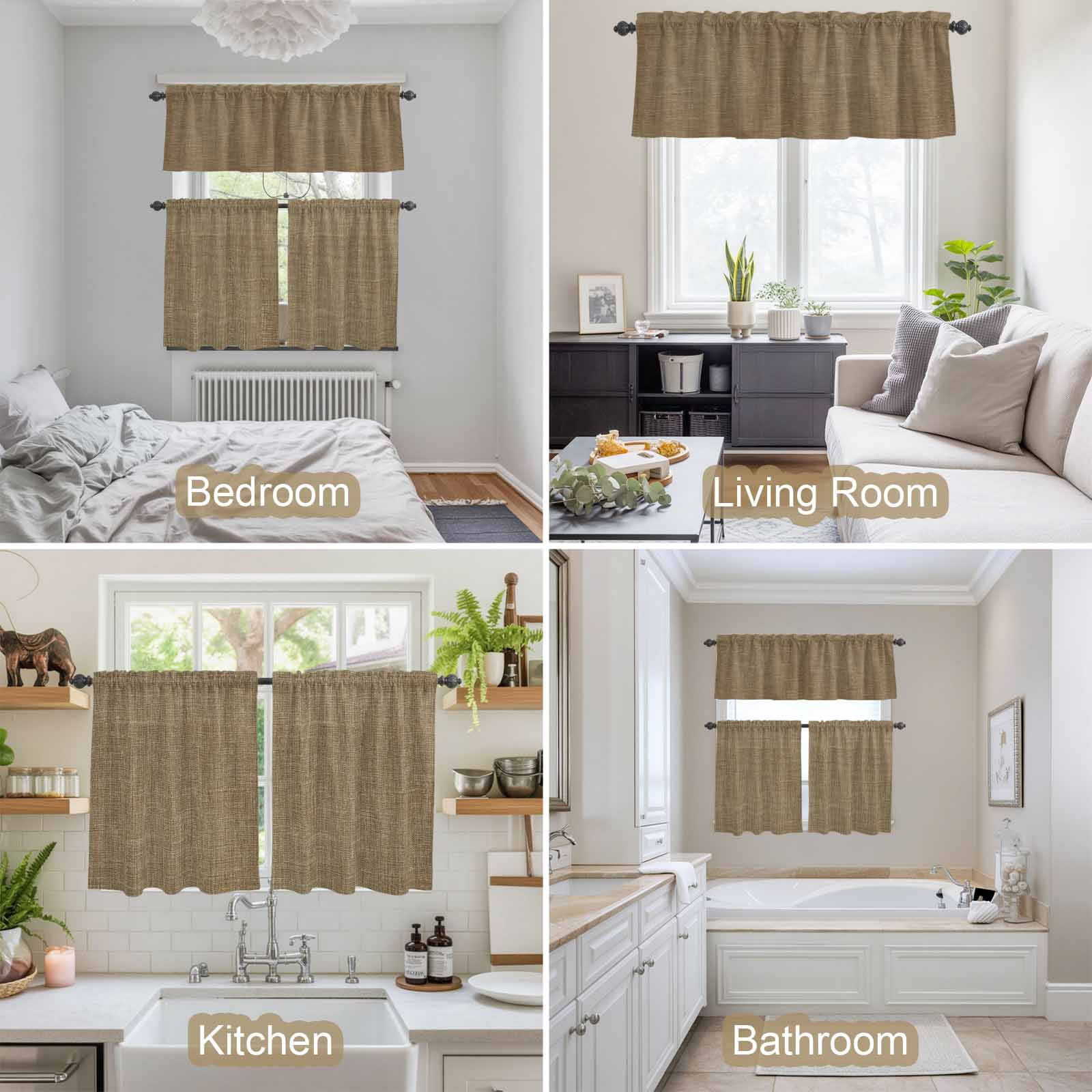 Vintage Brown Kitchen Curtains Sets for Windows 24 Inch Length, Farmhouse Retro Dark Solid Color Linen Texture Rod Pocket Window Treatments Tier Curtains and Valances Set for Bedroom/Bathroom