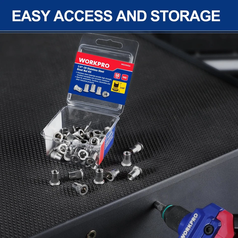 CIRCLE- Workpro 50Pc Rivet Nuts 1/4"-20 Flat Head Threaded Insert Stainless Steel Rivnut
