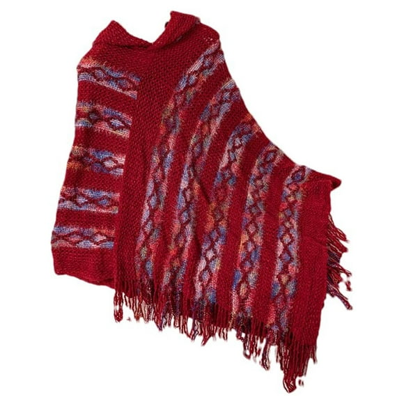 FADAACAI Ponchos for Women,Women's Hooded Poncho Long Fringe Capes Boho Knit Shawl Mexican Hoodie Soft Asymmetrical Warm Pullover,Hooded Cape,Cloaks for Women Red One Size Clearance!