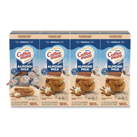 Coffee-Mate 12461537 0.38 oz Mini Cups Plant-Based Almond Milk Non-Dairy Liquid Creamer Singles - Natural Vanilla (200/Carton)