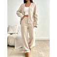 thumbnail image 5 of DENTOYOU Lounge Sets for Women 2 Piece Outfits V Neck Button Long Sleeve Shirt Wide Leg Pants Matching Set Sweatsuits Beige S, 5 of 6
