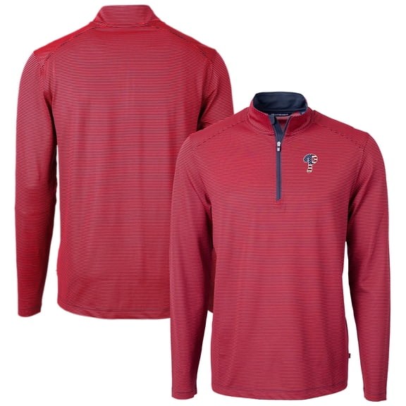 Men's Cutter & Buck  Red Philadelphia Phillies Americana Logo Virtue Eco Pique Stripe Recycled Quarter-Zip Pullover Top