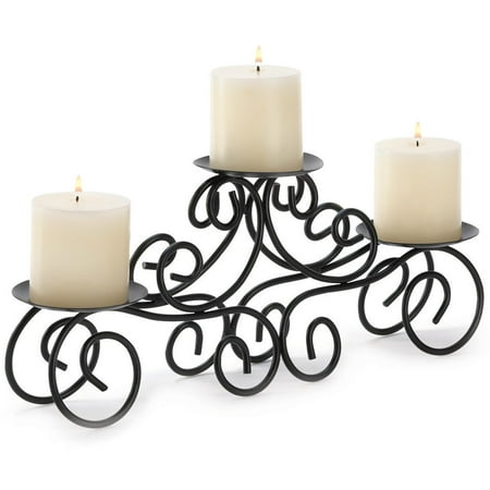 Pillar Candle Holder Centerpiece - Black Tuscan Scrollwork CANDELABRA 3 Pillar Candle Holder Wedding Centerpiece