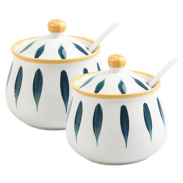 Sugar bowl with spoon, 350ml ceramic salt pot with lid and spoon, spice
