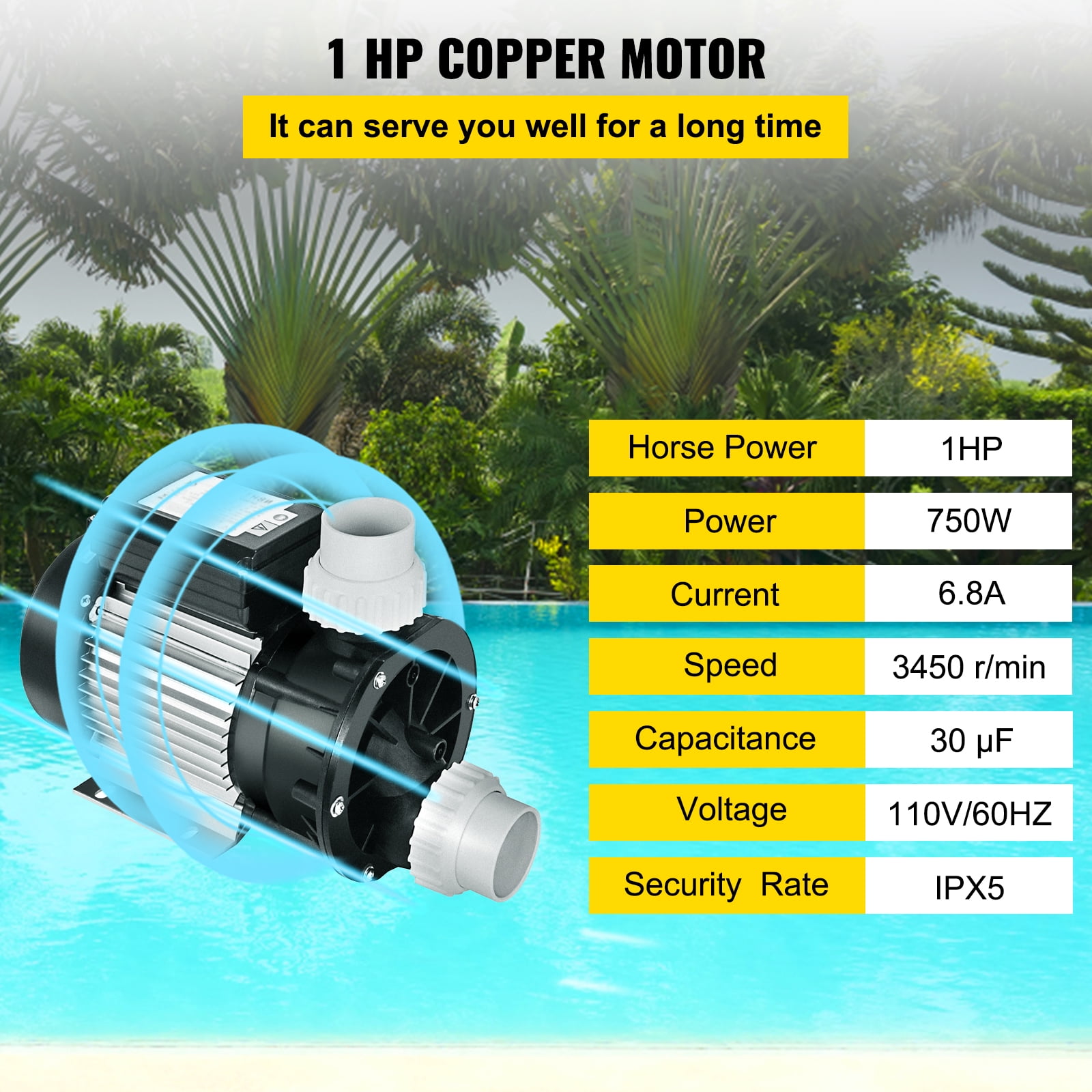 KFFKFF  1HP Swimming Pool Pump, 5400 GPH High Flow and Max Lift of 46ft Sand Filter Pump, 750w, Suitable for  bathing pools, spas up to 20,000 Gallons, 110V