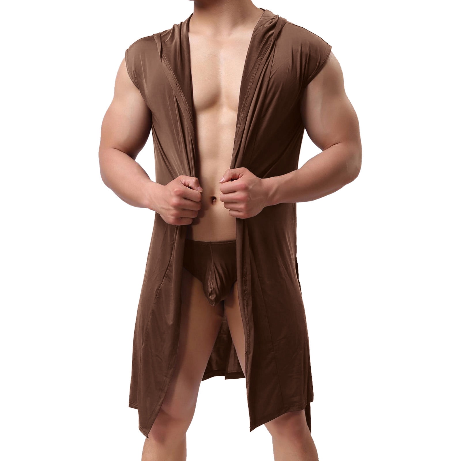 Mens Pajamas Adult Male Gift Boy Mens Light Solid Color Sexy Silky Hat Sleeveless Housewear Bathrobe Clothes Coffee L