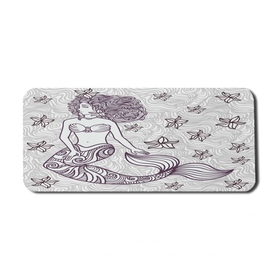 Mermaid Computer Mouse Pad, Fictional Woman in Waves Shell Flower Nymph Mythological Art Print, Rectangle Non-Slip Rubber Mousepad X-Large, 35" x 15" Gaming Size, Grey, by Ambesonne