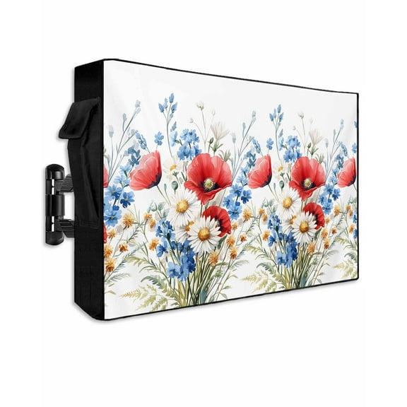 Red Poppy Flower Outdoor TV Cover 48 to 50 Inch Weatherproof, Country Blue White Botanical Floral 600D Oxford TV Covers with Waterproof Zipper, Outside Flat TV Screen Protector Size 48"Wx30"Hx4.5"D
