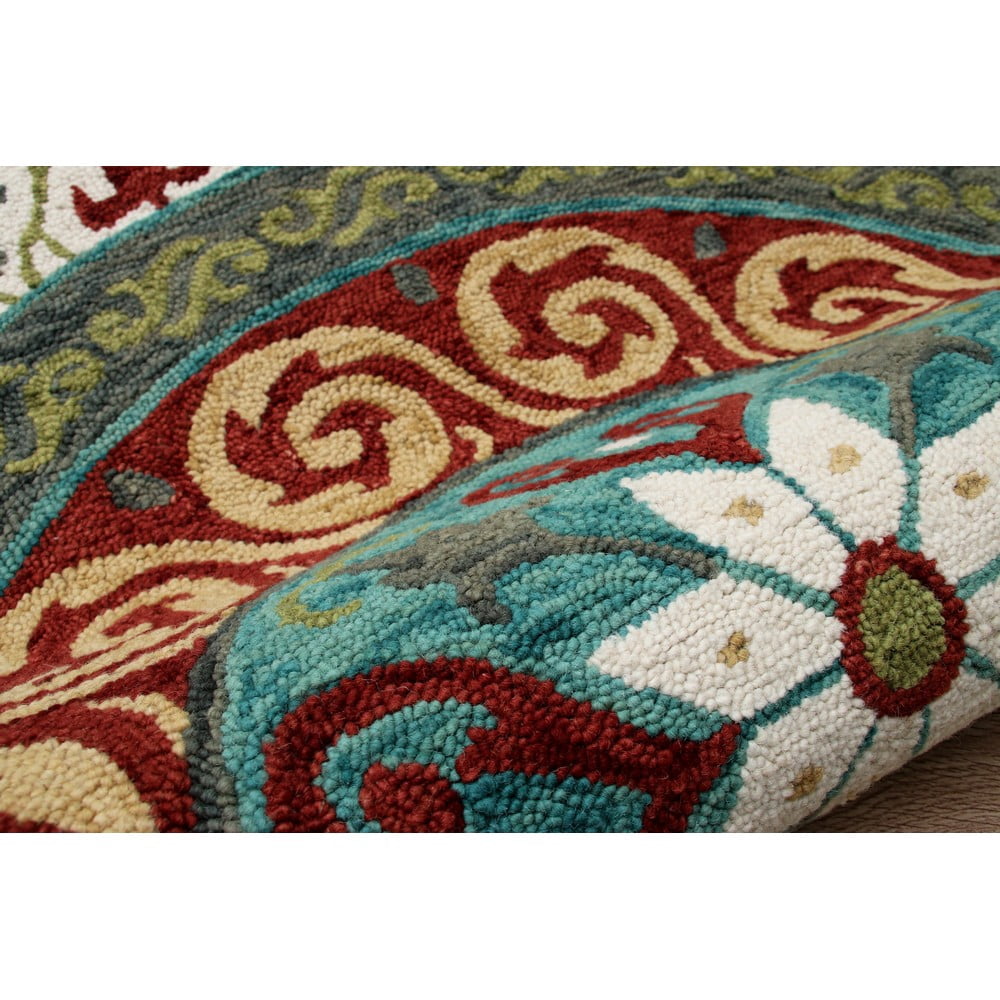 LR Home Wren 5' Round Green/Red Bordered Medallion Indoor Area Rug
