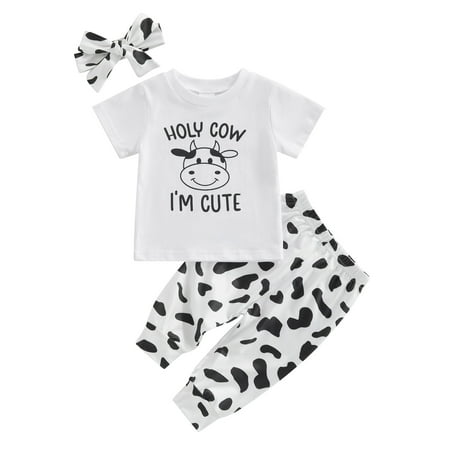 

Baby Girls Pants Set Short Sleeve Crew Neck Letters Print T-shirt with Cow Pattern Pants