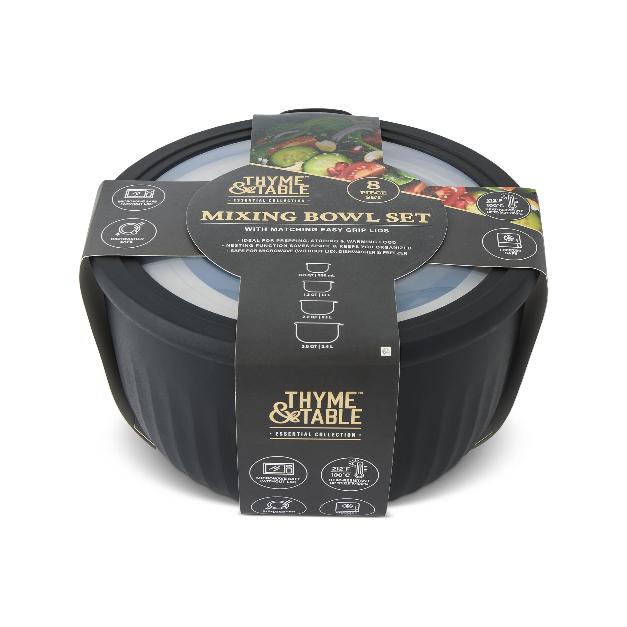 Thyme & Table 8-Piece Nesting Mixing Bowl Set, Black and Cream