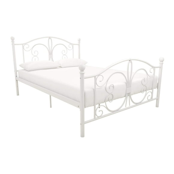 DHP Bombay Metal Platform Bed with Parisian Style Headboard and Footboard, Adjustable Base Height for Underbed Storage, No Box Spring Needed, Full, White