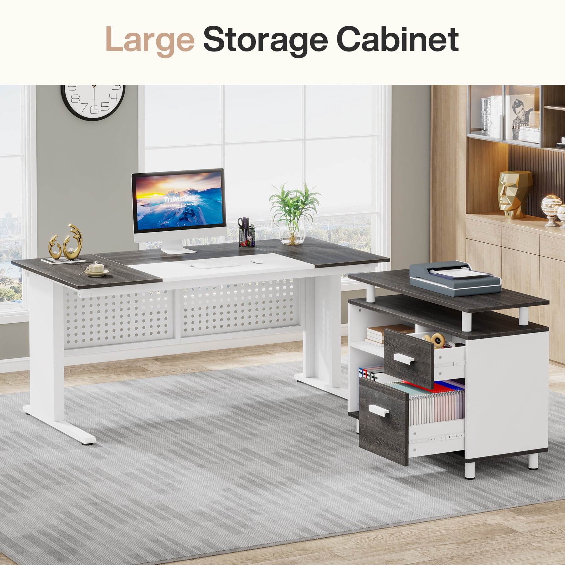 Tribesigns 63 Inch Executive Desk with File Cabinet, Large Office Desk L Shaped Computer Desk with Drawers and Storage Shelves, Business Furniture Desk Workstation for Home Office, Gray and White