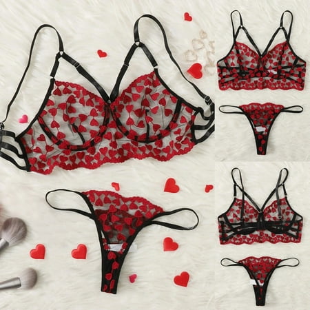 Lingerie Set Sexy G-String Flowers Embroidery Bralette Lace Bra Bustier Lingerie Thong Red Mothers Day Women S Nylon Underwear M