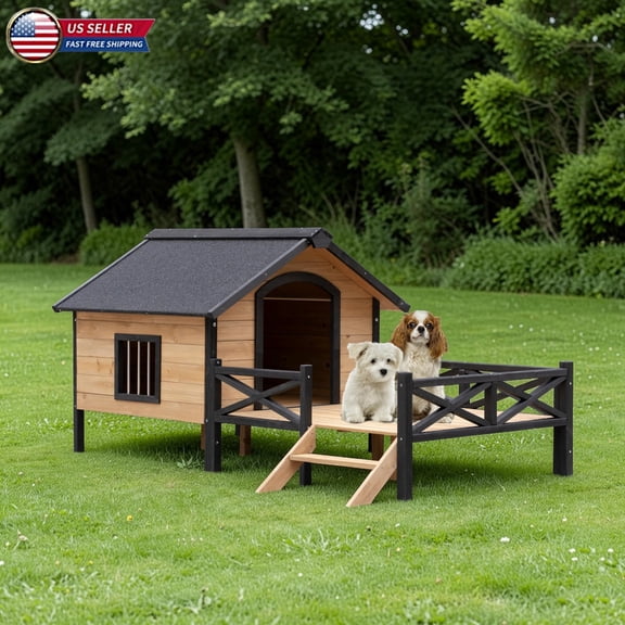 Hassch Outdoor Dog House with Porch, Waterproof Wooden Puppy Shelter Indoor Large Doghouse with Elevated Floor and Hinged Roof, for Small Medium Dogs Up to 80lbs (Yellow Brown)