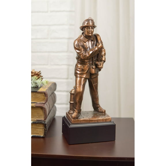 In Line Of Duty Fireman Carrying Hose By Hydrant Statue 12"H Fire Fighter Decor