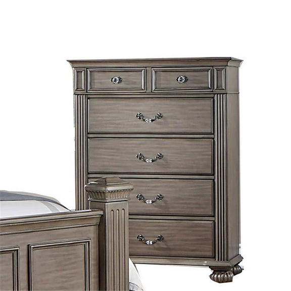 Bowery Hill 6-Drawer Traditional Solid Wood Chest in Gray/Antique Brass
